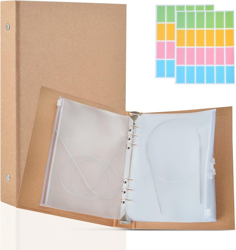 WANGDEFA Knitting Needles Holder Case Set Circular Needle Case Circular Knitting Needle Storage 1 Pcs Kraft Cover 20 Pcs Binder Pockets and 48 Pcs Label Paper for Collecting Sorting - Image 1